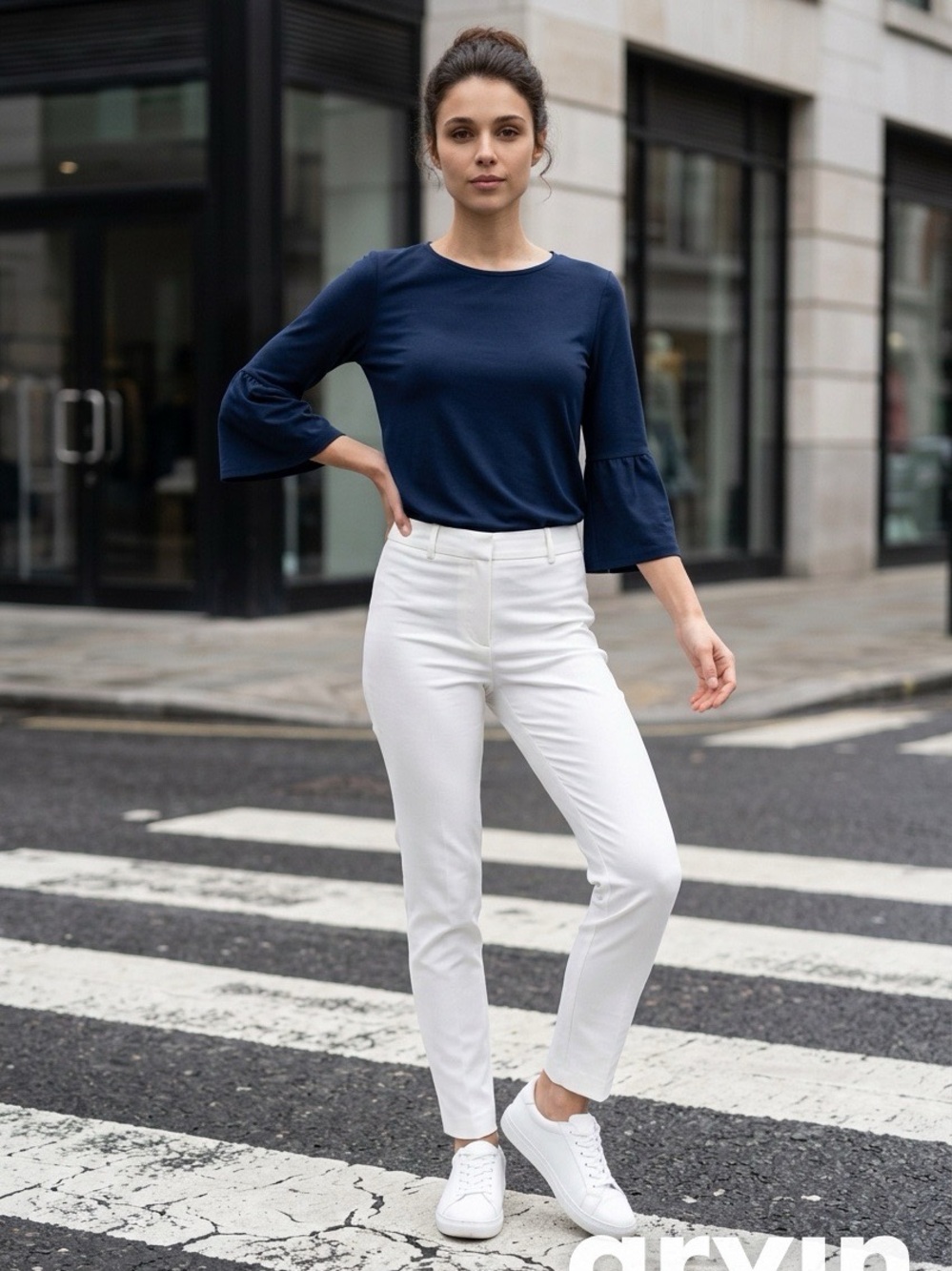 Ellen Tracy Navy Bell-Sleeve Top